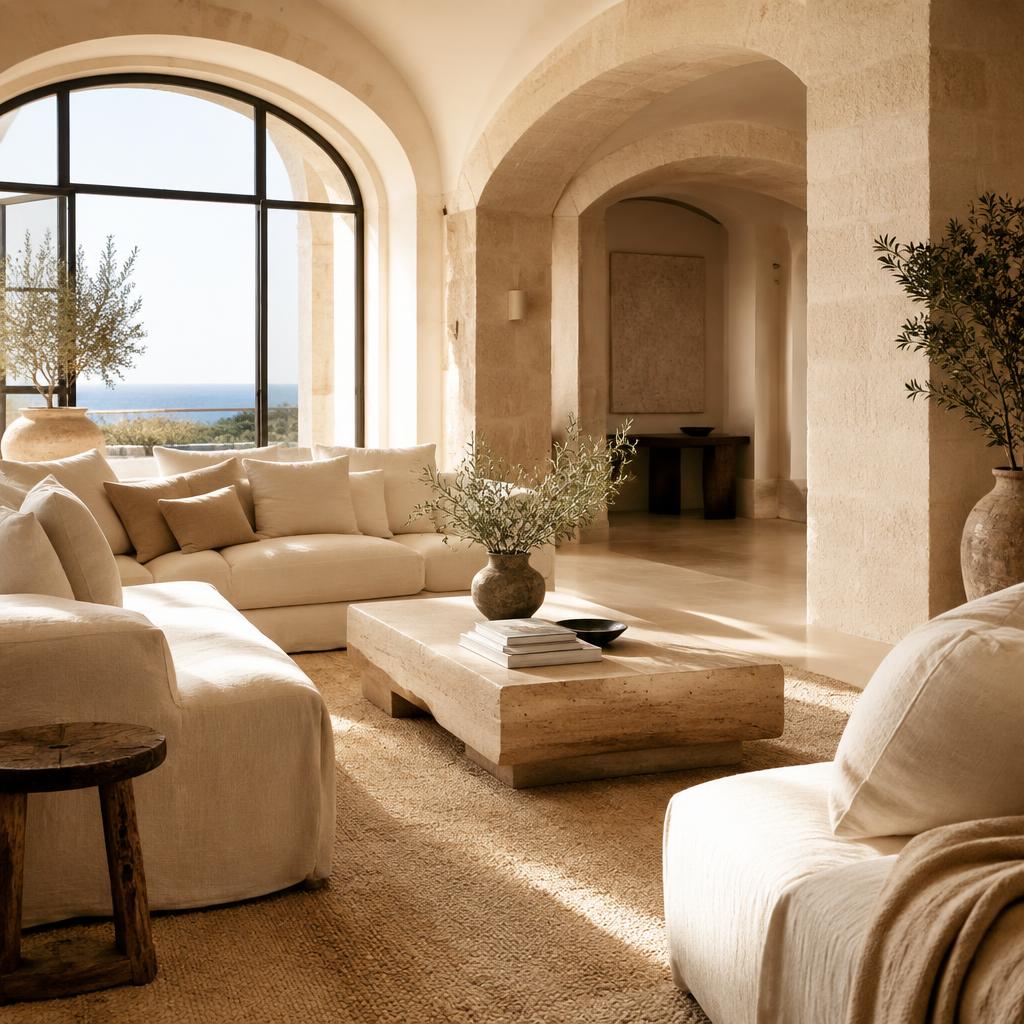 Sunlit Mediterranean luxury interior with linen sofas and stone arches