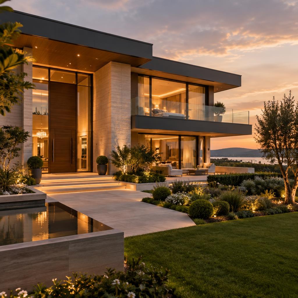 Modern luxury villa with stone and glass architecture at dusk