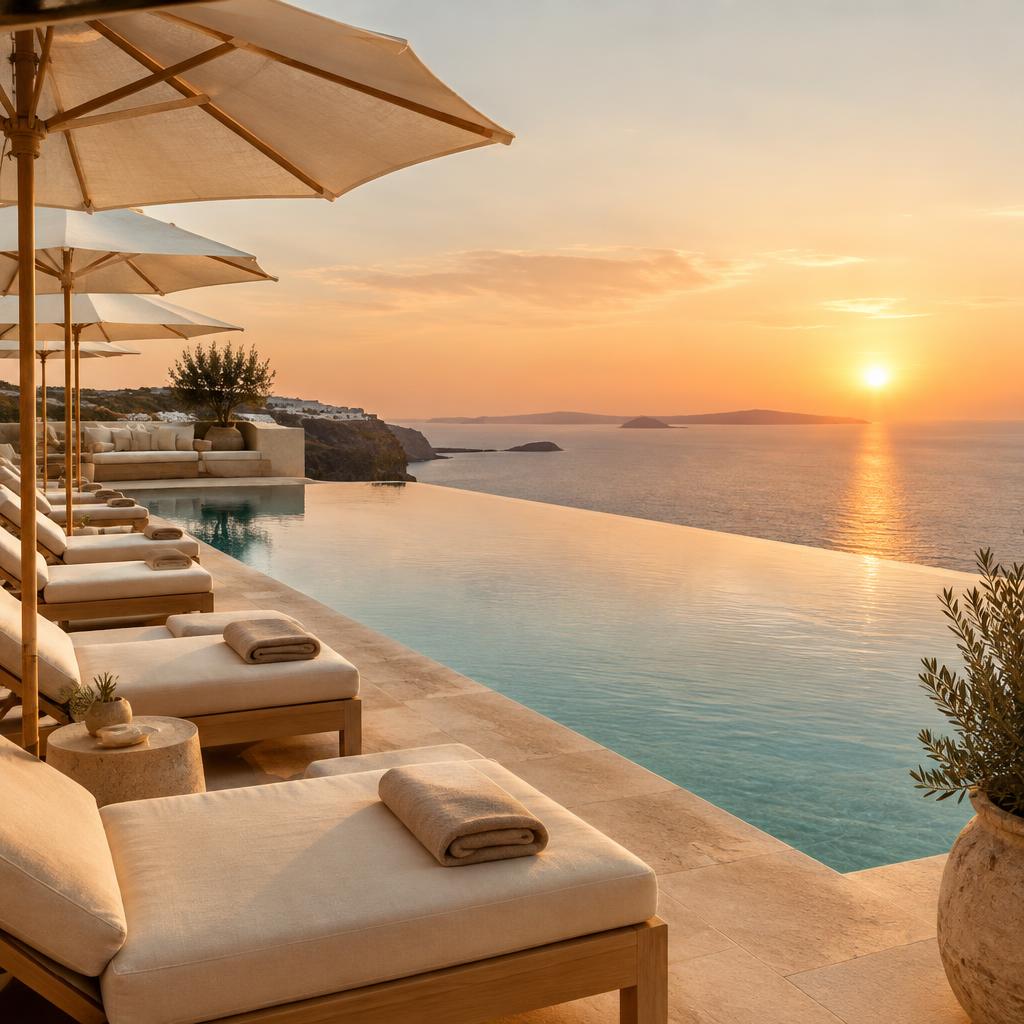 Luxury hotel infinity pool terrace overlooking the sea at sunrise