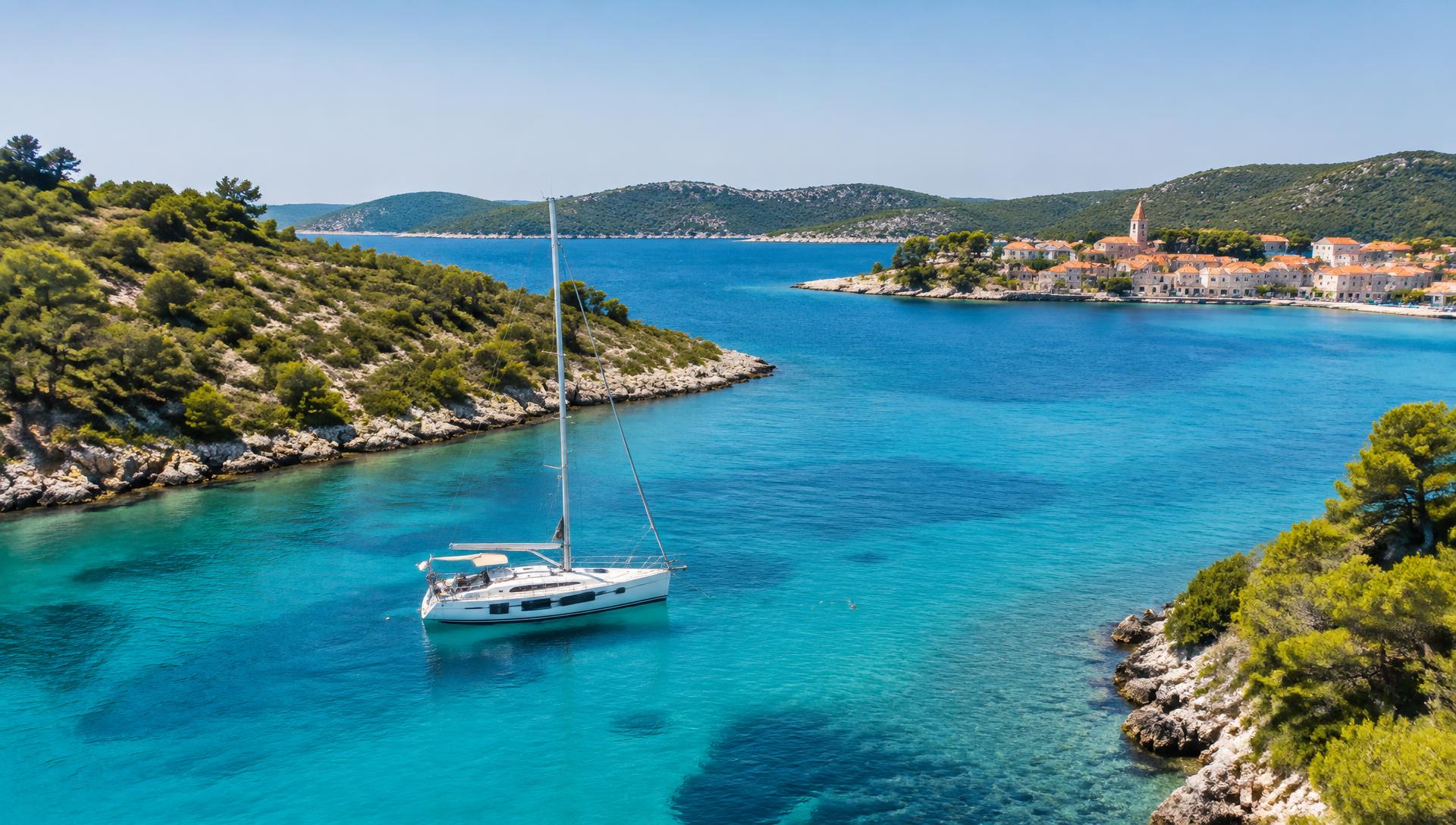 Sailing yacht anchored in a clear turquoise bay among green Dalmatian islands in Croatia