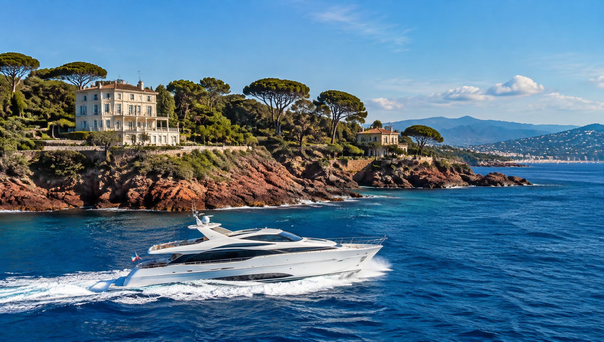 White motor yacht cruising past red rocks, umbrella pines and villas on the French Riviera