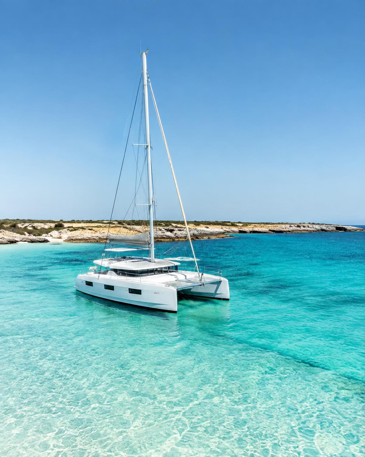 Sailing catamaran anchored over clear turquoise shallows near a low Balearic coastline