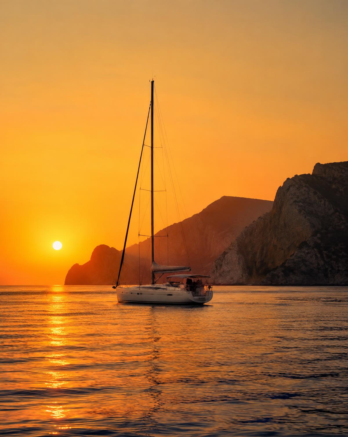 Sailing yacht on calm water at sunset beside the cliffs of Ibiza