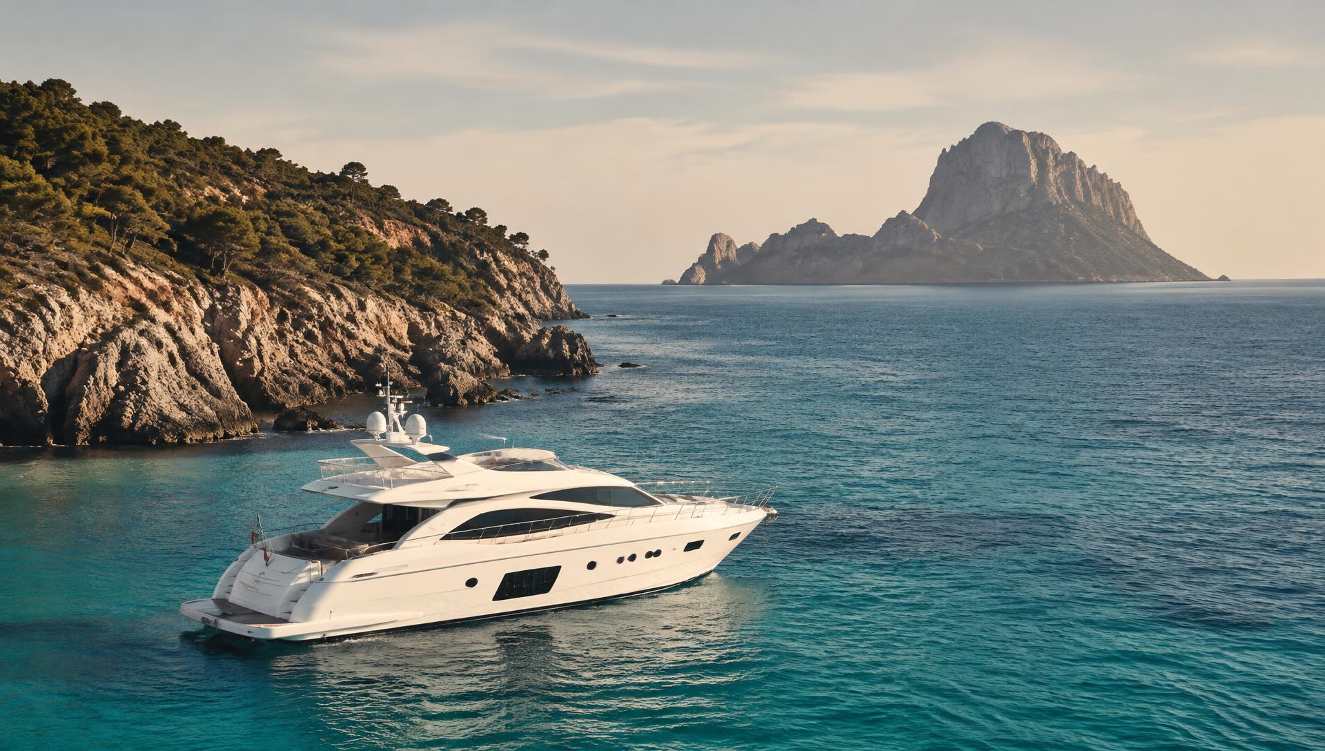 White yacht cruising beside Ibiza's rocky Mediterranean coastline