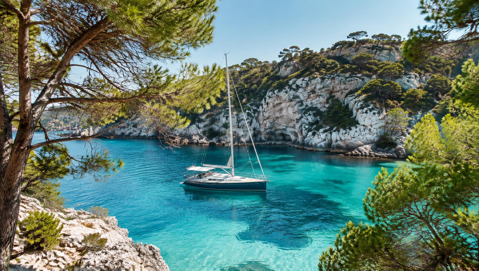 Sailing yacht anchored in a turquoise cala framed by pine trees and limestone cliffs in Mallorca