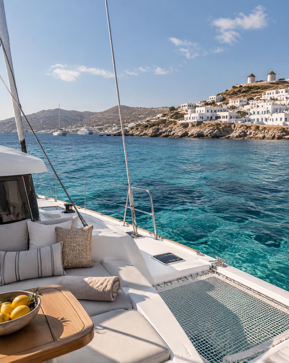 Luxury catamaran deck overlooking the clear Aegean Sea near Mykonos
