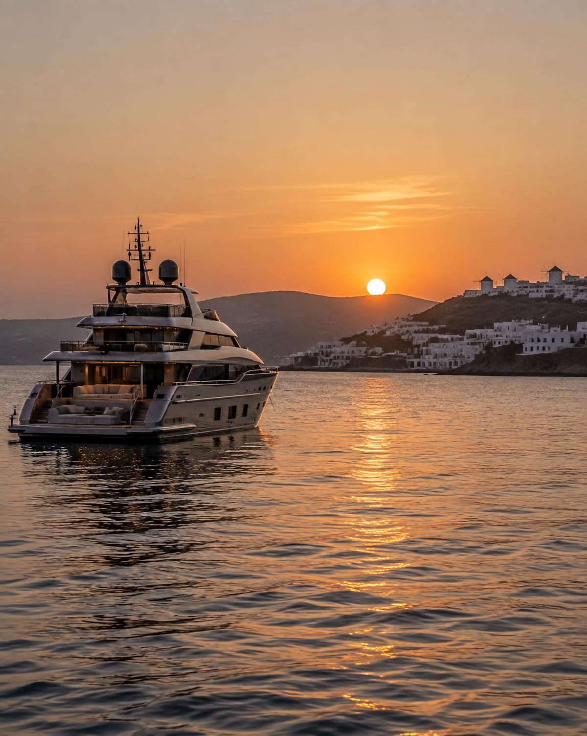 Luxury yacht on calm water at sunset near Mykonos