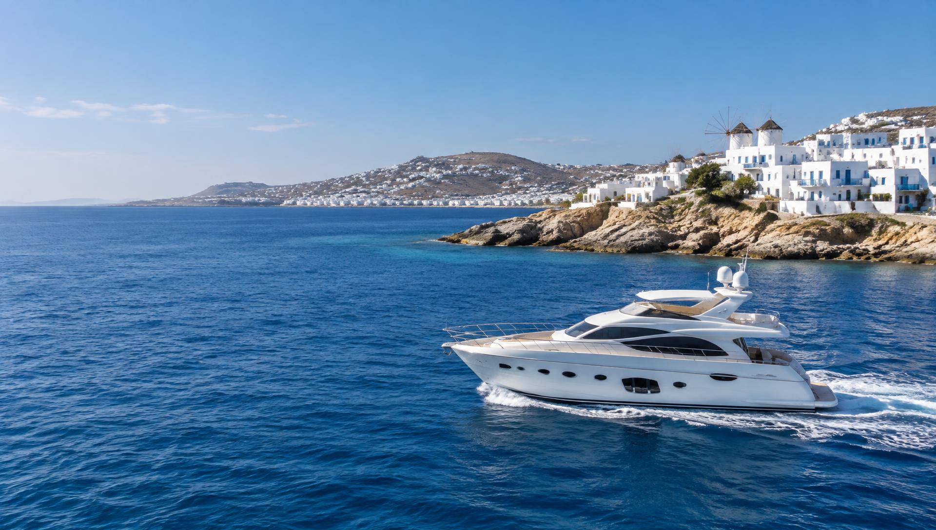 Private motor yacht cruising through clear blue water near Mykonos