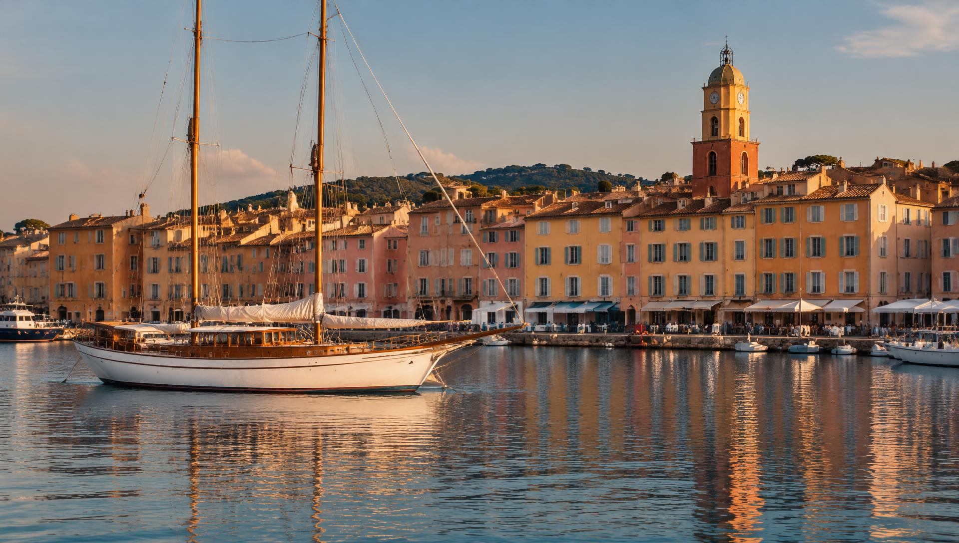 Classic sailing yacht moored off Saint-Tropez's pastel harbour front and bell tower at golden hour