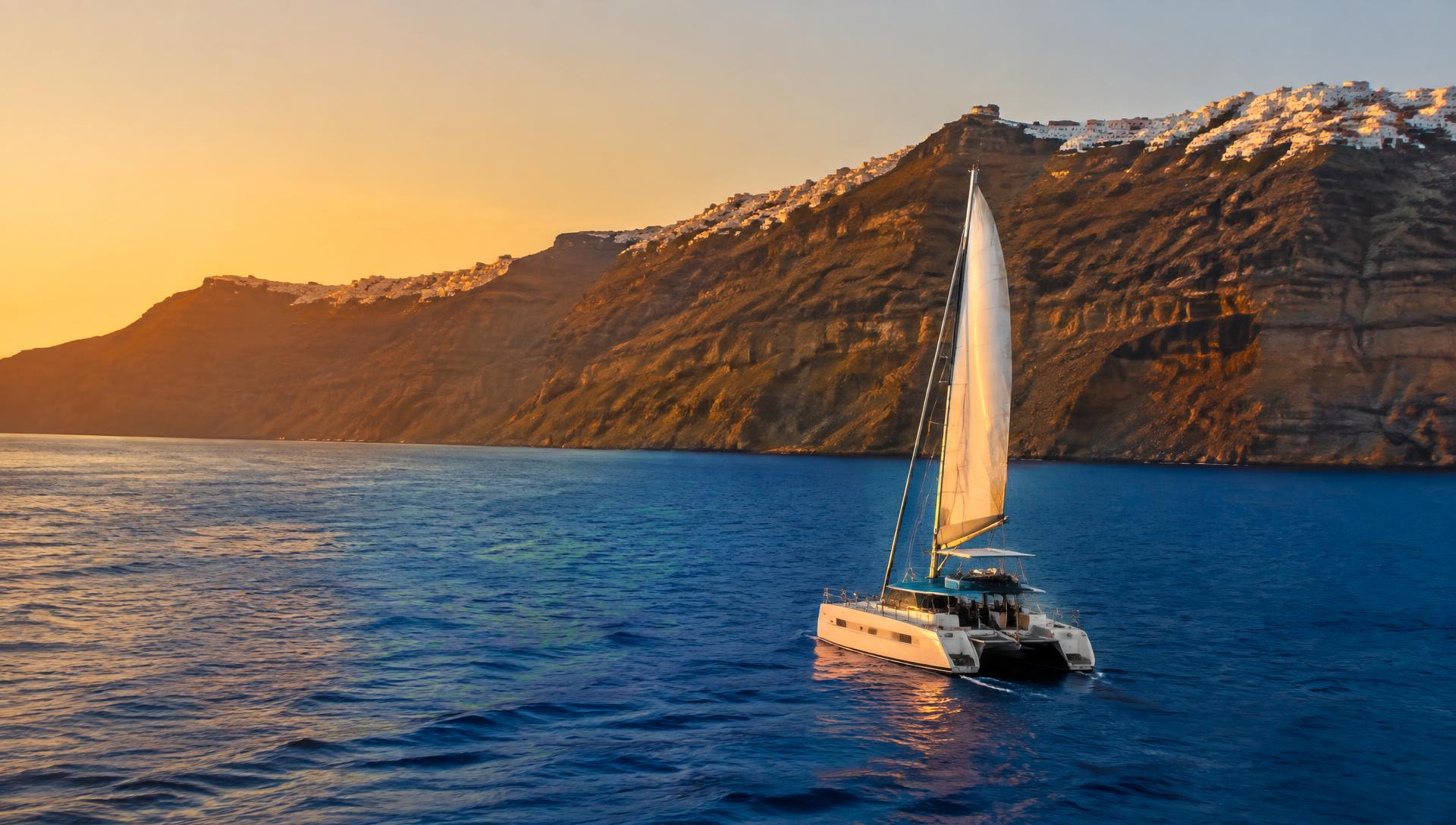 Sailing catamaran in the deep blue Santorini caldera beneath volcanic cliffs topped with white villages