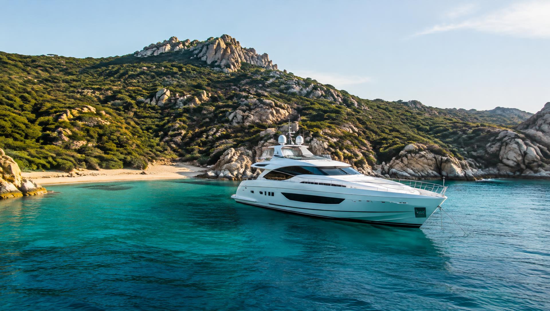 White motor yacht anchored in emerald water beneath granite hills on the Sardinian coast