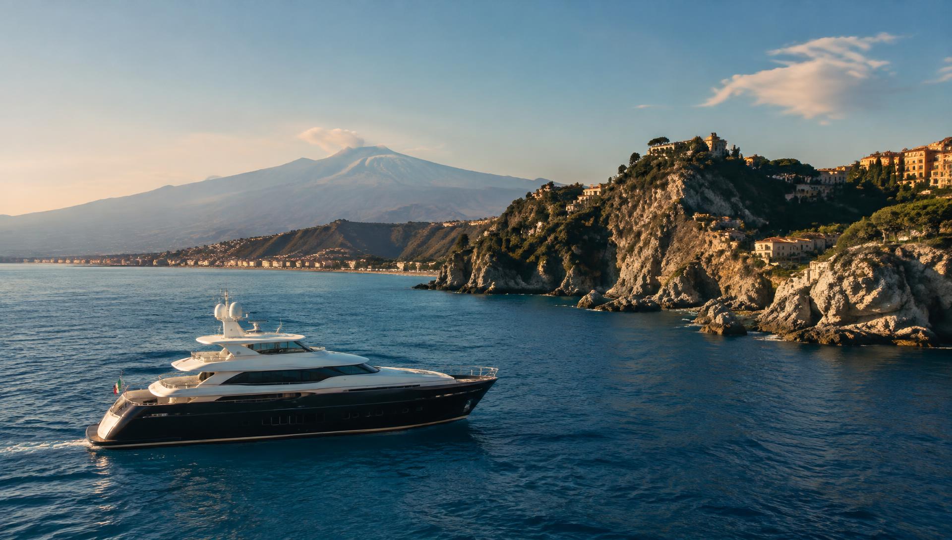 Motor yacht off Sicily's rugged coastline near Taormina with Mount Etna in the distance